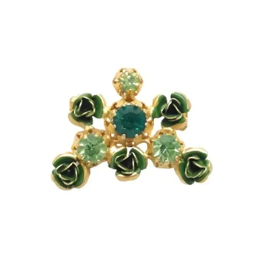 Austrian Green Crystal Enamel Flower Brooch Pin Gold Tone Vintage